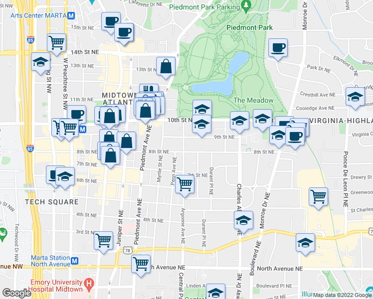 map of restaurants, bars, coffee shops, grocery stores, and more near 928 Argonne Avenue Northeast in Atlanta
