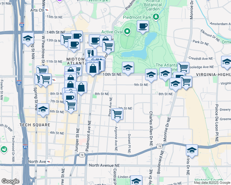 map of restaurants, bars, coffee shops, grocery stores, and more near 928 Argonne Avenue Northeast in Atlanta