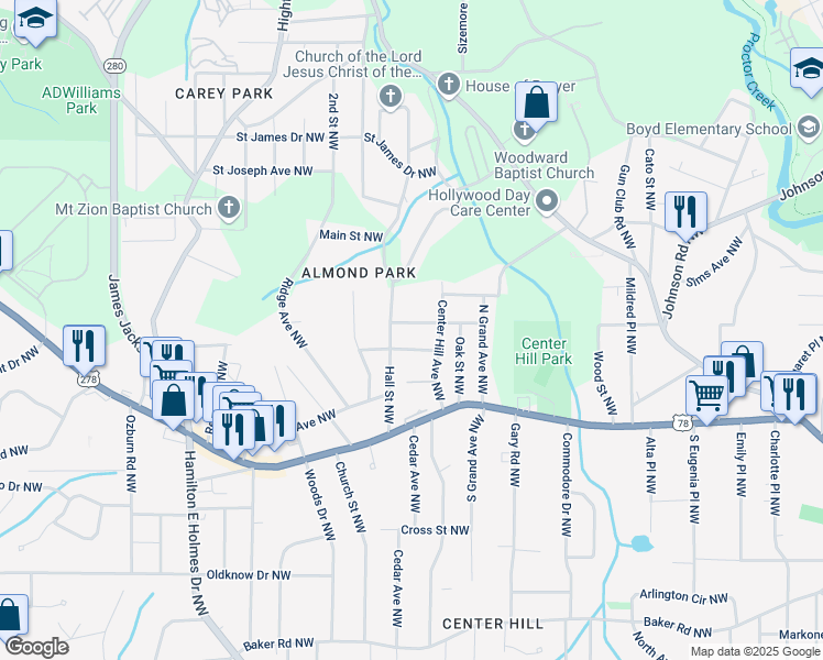 map of restaurants, bars, coffee shops, grocery stores, and more near 2355 Hill Street Northwest in Atlanta