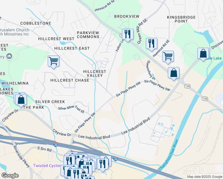 map of restaurants, bars, coffee shops, grocery stores, and more near 32 Hillcrest Drive Southeast in Austell