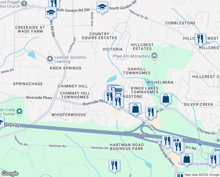 map of restaurants, bars, coffee shops, grocery stores, and more near 360 6 Flags Drive in Austell