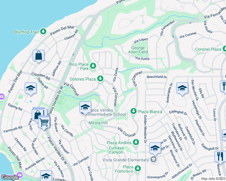 map of restaurants, bars, coffee shops, grocery stores, and more near 1812 Vía Estudillo in Palos Verdes Estates