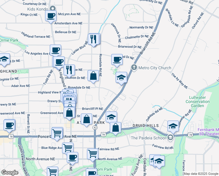 map of restaurants, bars, coffee shops, grocery stores, and more near 1230 Virginia Avenue Northeast in Atlanta