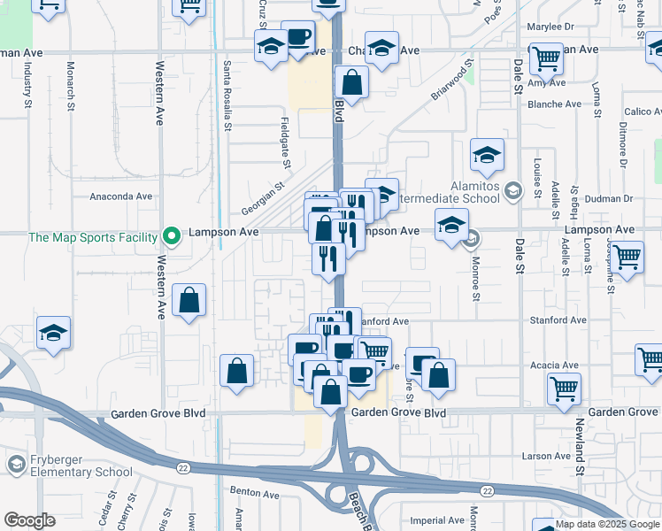map of restaurants, bars, coffee shops, grocery stores, and more near 7999 Stepping Stone Circle in Stanton