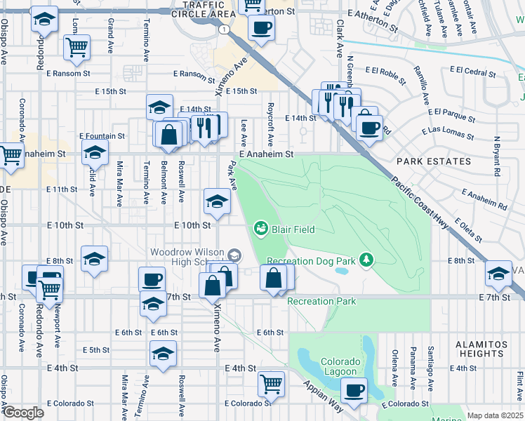 map of restaurants, bars, coffee shops, grocery stores, and more near 1040 Park Avenue in Long Beach