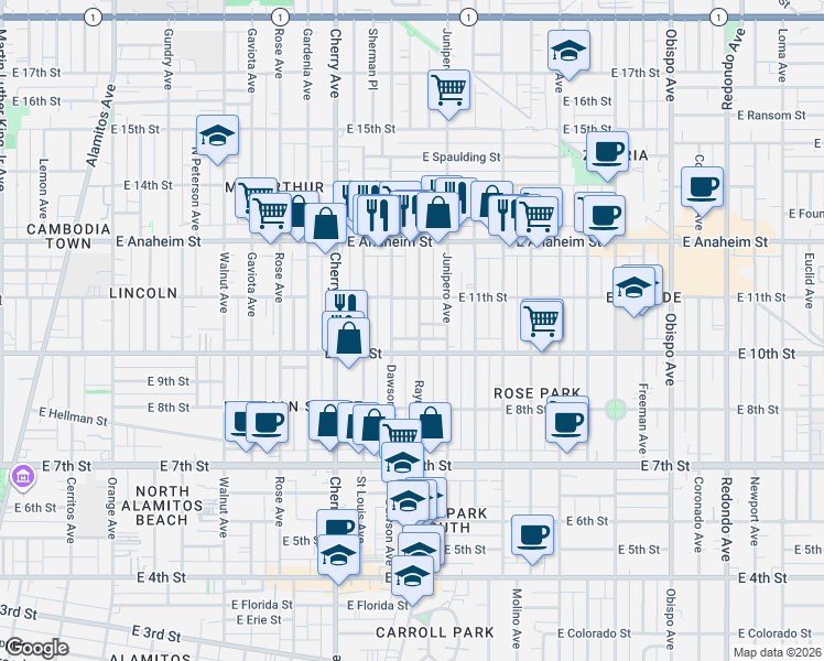 map of restaurants, bars, coffee shops, grocery stores, and more near 1035 Raymond Avenue in Long Beach