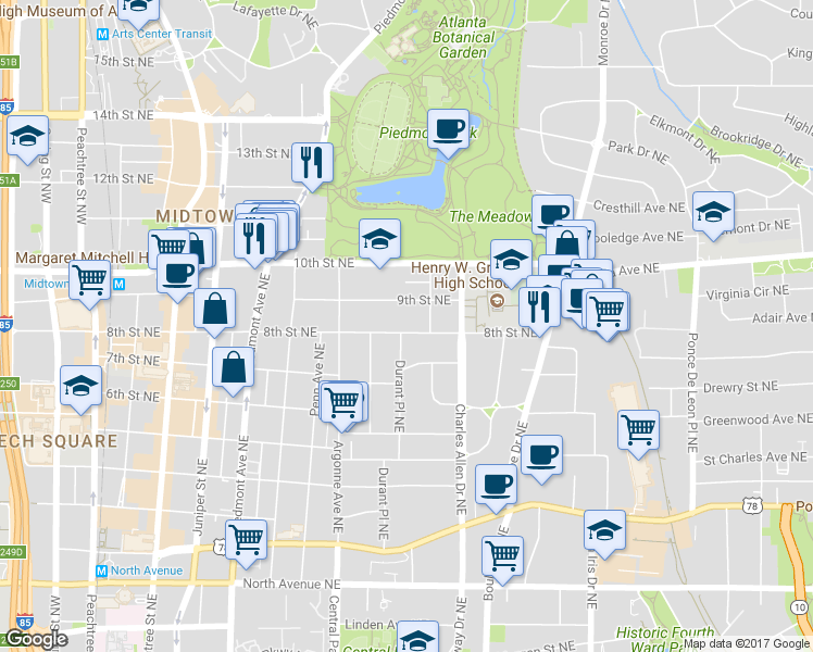 map of restaurants, bars, coffee shops, grocery stores, and more near 374 8th Street Northeast in Atlanta