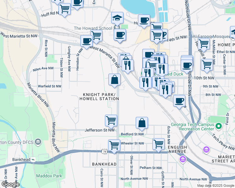 map of restaurants, bars, coffee shops, grocery stores, and more near 900 Joseph E. Lowery Boulevard Northwest in Atlanta