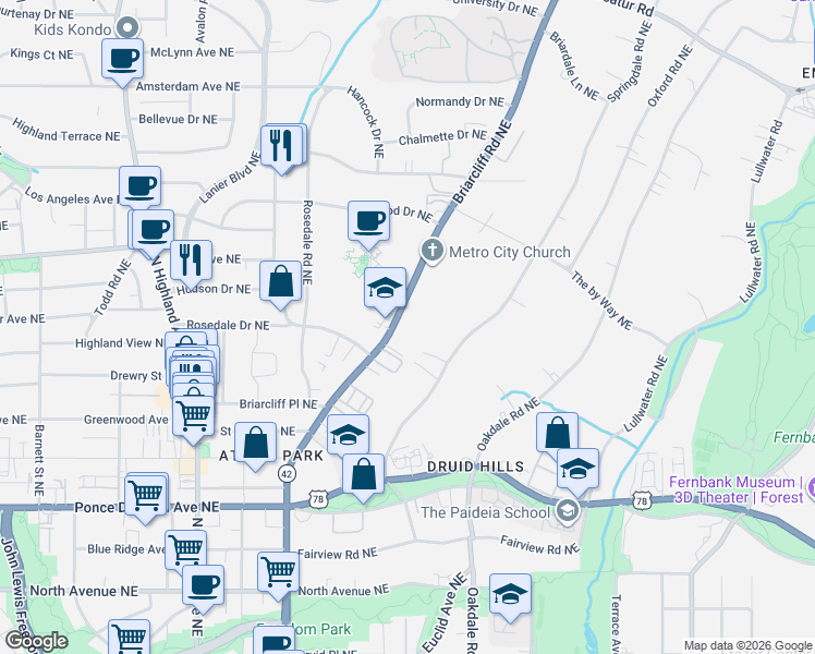 map of restaurants, bars, coffee shops, grocery stores, and more near 949 Briarcliff Road Northeast in Atlanta