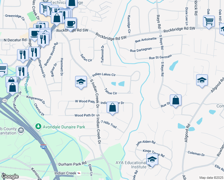 map of restaurants, bars, coffee shops, grocery stores, and more near 622 Tahoe Circle in Stone Mountain