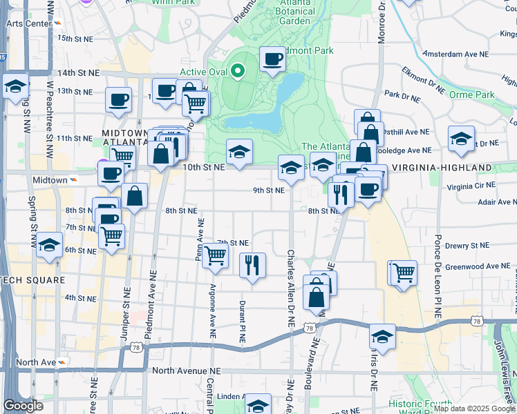 map of restaurants, bars, coffee shops, grocery stores, and more near 378 8th Street Northeast in Atlanta