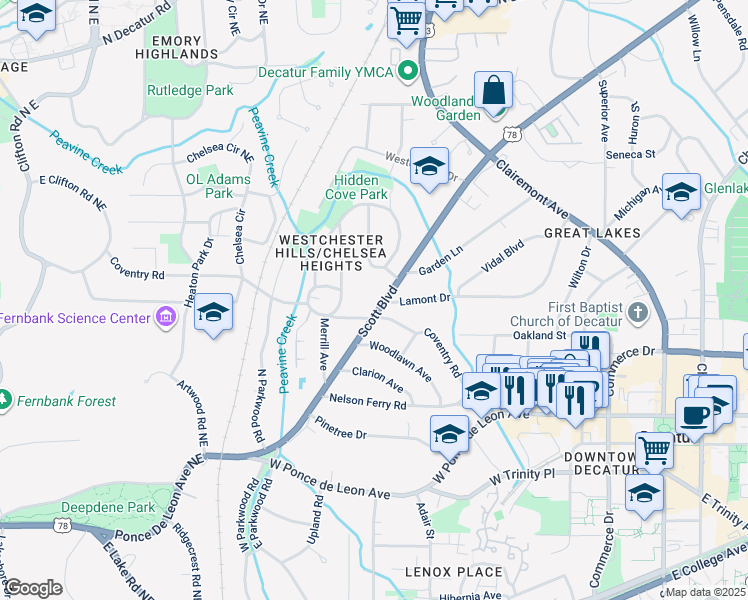 map of restaurants, bars, coffee shops, grocery stores, and more near 512 Scott Boulevard in Decatur