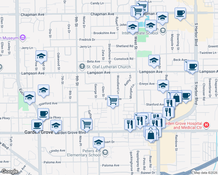 map of restaurants, bars, coffee shops, grocery stores, and more near 12621 Strathmore Drive in Garden Grove