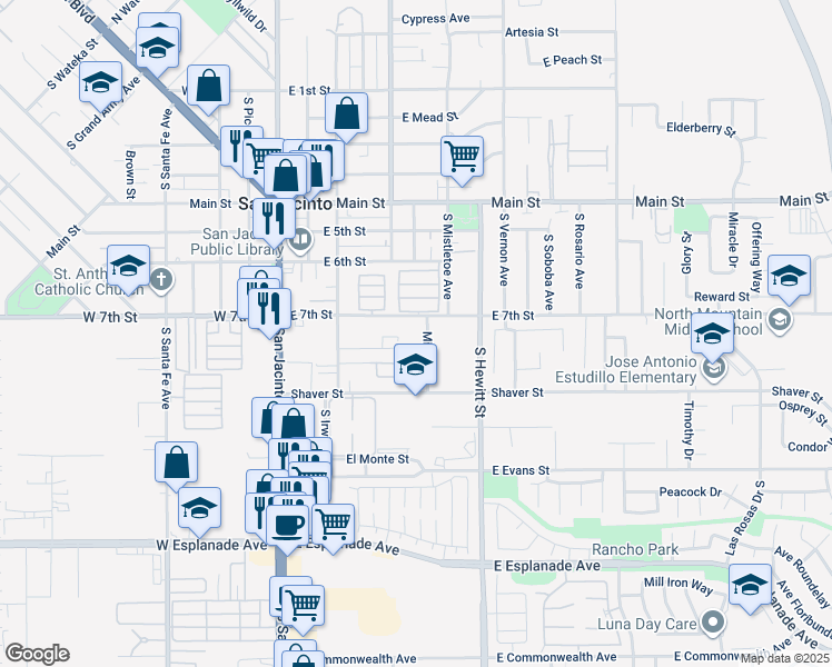 map of restaurants, bars, coffee shops, grocery stores, and more near 748 Minor Street in San Jacinto