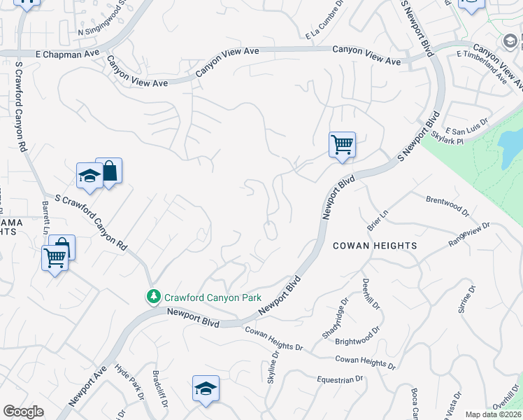 map of restaurants, bars, coffee shops, grocery stores, and more near 10219 Sunrise Lane in Santa Ana