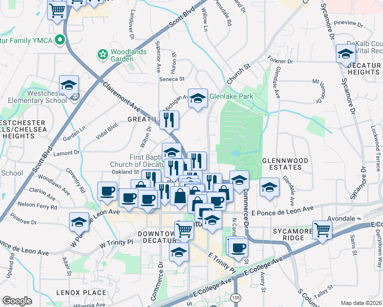 map of restaurants, bars, coffee shops, grocery stores, and more near 417 Clairemont Avenue in Decatur