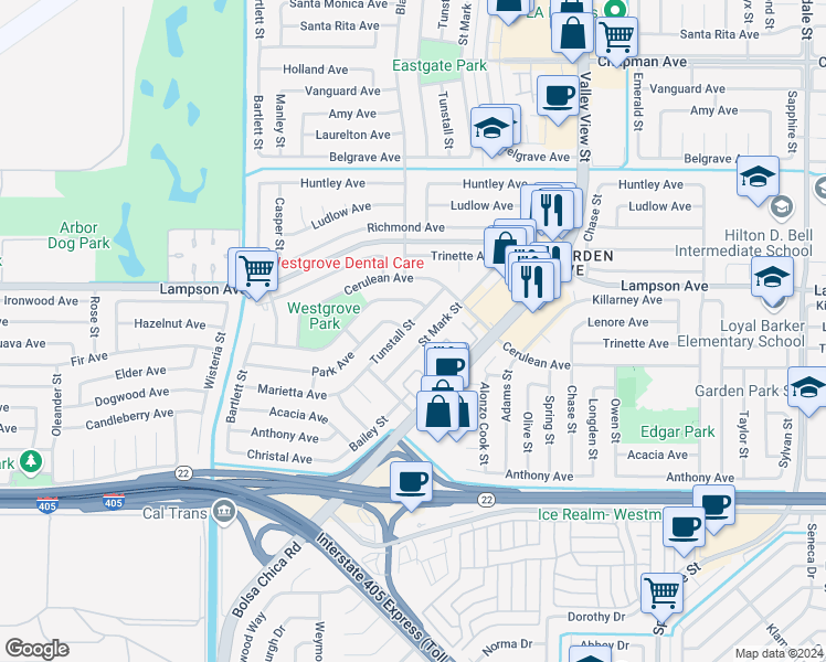 map of restaurants, bars, coffee shops, grocery stores, and more near 12592 Tunstall Street in Garden Grove