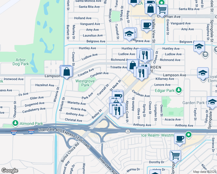 map of restaurants, bars, coffee shops, grocery stores, and more near 12592 Tunstall Street in Garden Grove