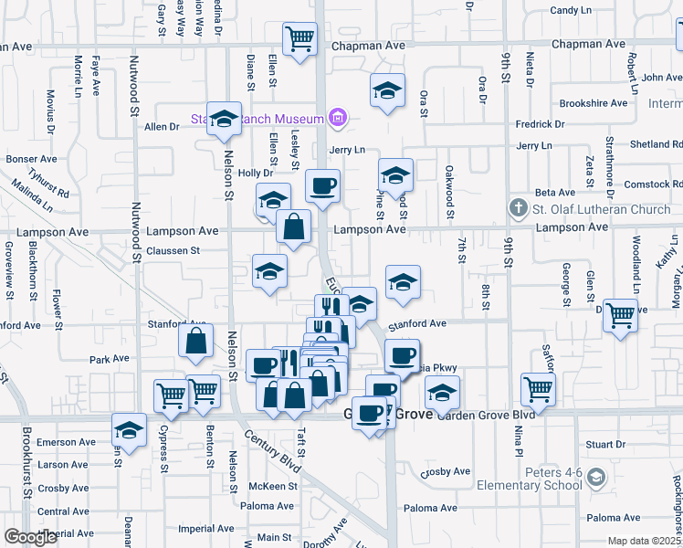 map of restaurants, bars, coffee shops, grocery stores, and more near 12600 Euclid Street in Garden Grove