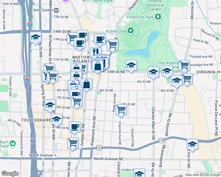 map of restaurants, bars, coffee shops, grocery stores, and more near 921 Myrtle Street Northeast in Atlanta