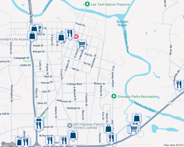 map of restaurants, bars, coffee shops, grocery stores, and more near 300-498 Kershaw Street in Grenada
