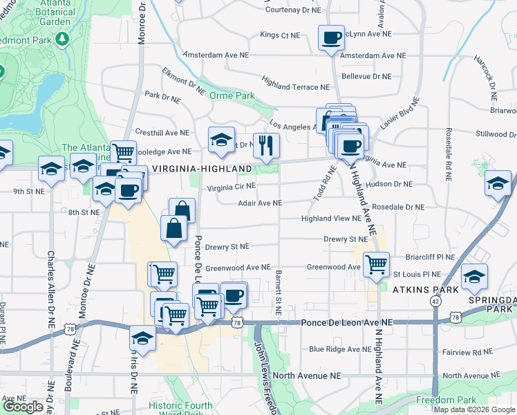 map of restaurants, bars, coffee shops, grocery stores, and more near 835 Adair Avenue Northeast in Atlanta