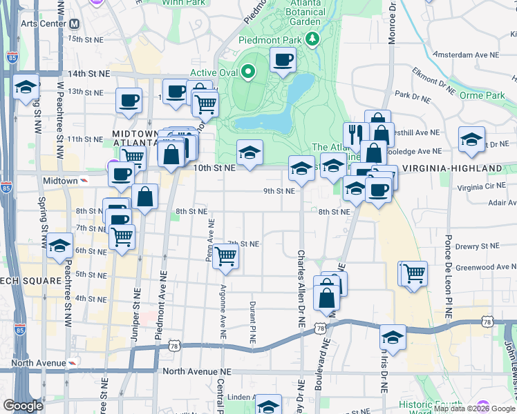map of restaurants, bars, coffee shops, grocery stores, and more near 378 8th Street Northeast in Atlanta