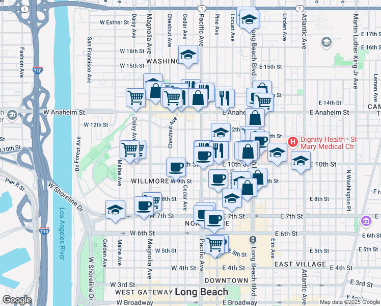 map of restaurants, bars, coffee shops, grocery stores, and more near 1040 Cedar Avenue in Long Beach