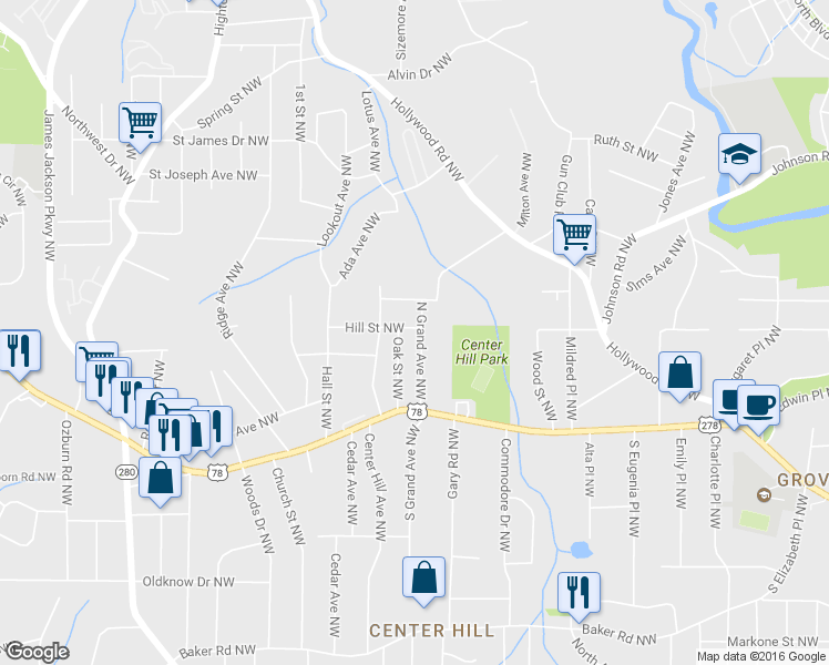 map of restaurants, bars, coffee shops, grocery stores, and more near 2222 Hill Street Northwest in Atlanta