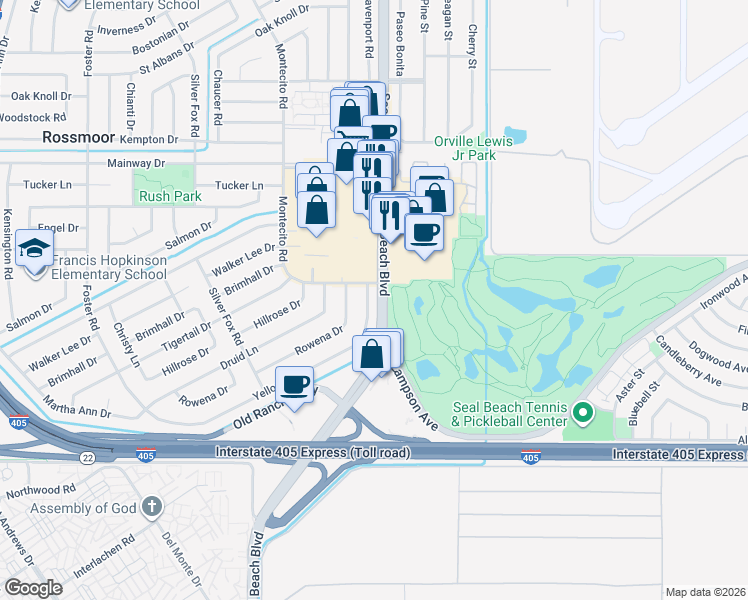 map of restaurants, bars, coffee shops, grocery stores, and more near 3482 Yellowtail Drive in Los Alamitos