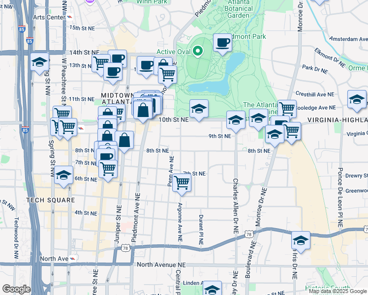map of restaurants, bars, coffee shops, grocery stores, and more near 928 Argonne Avenue Northeast in Atlanta
