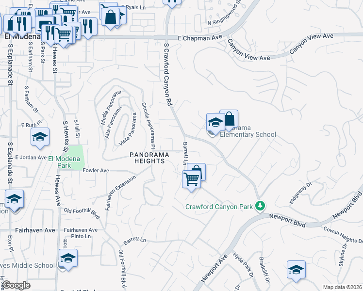 map of restaurants, bars, coffee shops, grocery stores, and more near 12551 Barrett Lane in Santa Ana