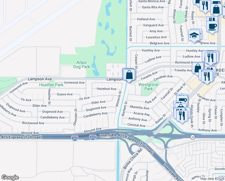map of restaurants, bars, coffee shops, grocery stores, and more near 4865 Hazelnut Avenue in Seal Beach
