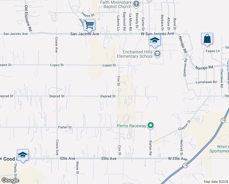map of restaurants, bars, coffee shops, grocery stores, and more near 22980 Deprad Street in Perris