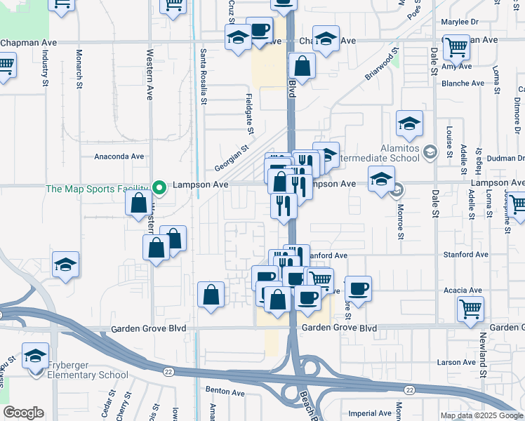 map of restaurants, bars, coffee shops, grocery stores, and more near 7959 Stepping Stone Circle in Stanton
