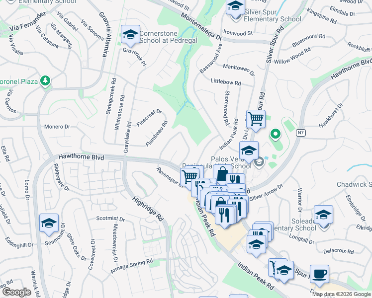 map of restaurants, bars, coffee shops, grocery stores, and more near 27053 Freeport Road in Rancho Palos Verdes