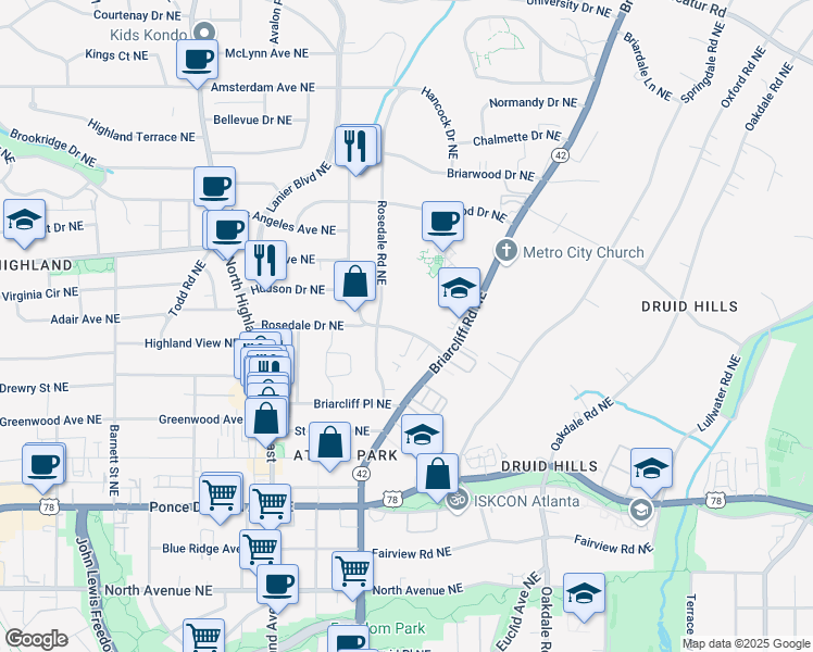map of restaurants, bars, coffee shops, grocery stores, and more near 1222 Virginia Court in Atlanta