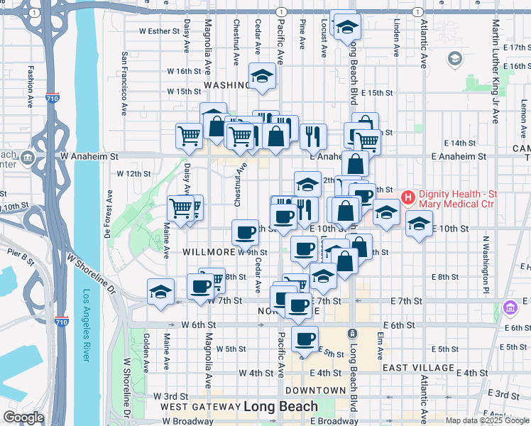 map of restaurants, bars, coffee shops, grocery stores, and more near 1040 North Cedar Avenue in Long Beach