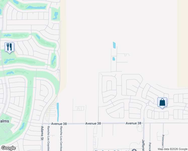 map of restaurants, bars, coffee shops, grocery stores, and more near 37089 Melbourne Street in Indio