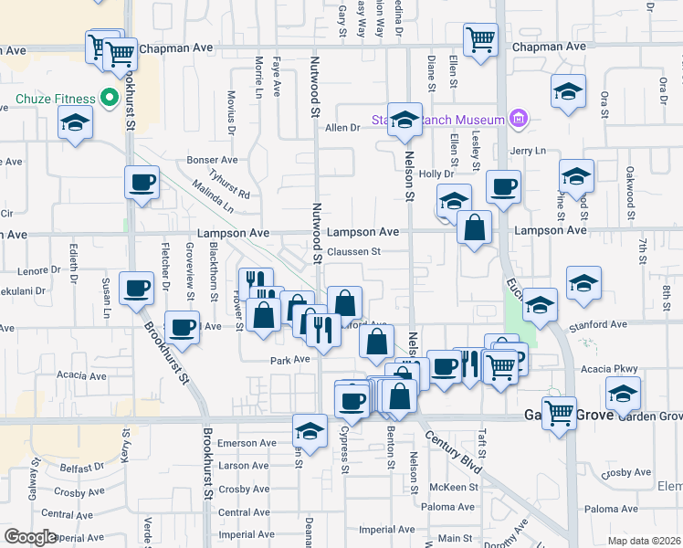 map of restaurants, bars, coffee shops, grocery stores, and more near 10580 Lakeside Drive North in Garden Grove
