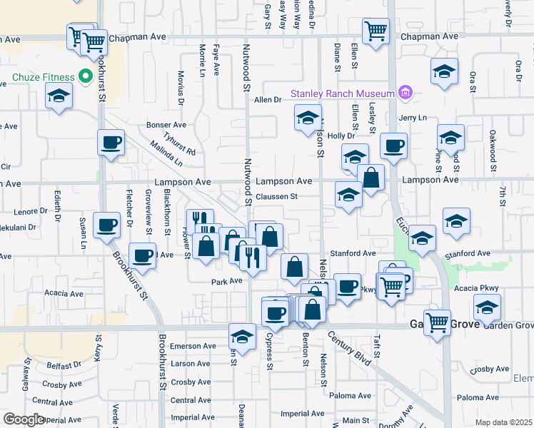 map of restaurants, bars, coffee shops, grocery stores, and more near 10560 Lakeside Drive North in Garden Grove
