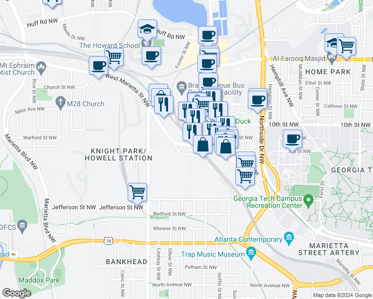 map of restaurants, bars, coffee shops, grocery stores, and more near 788 West Marietta Street Northwest in Atlanta