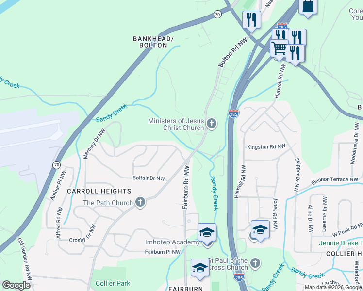 map of restaurants, bars, coffee shops, grocery stores, and more near 887 Fairburn Road Northwest in Atlanta