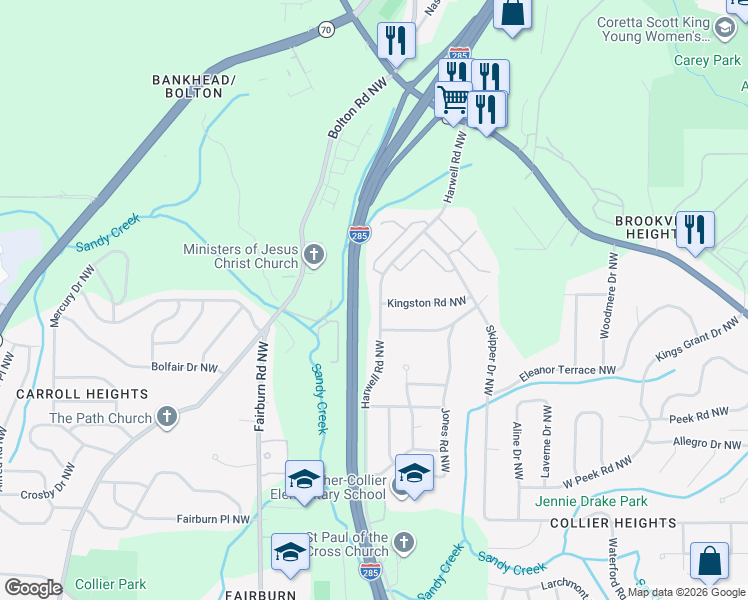 map of restaurants, bars, coffee shops, grocery stores, and more near 896 Harwell Road Northwest in Atlanta