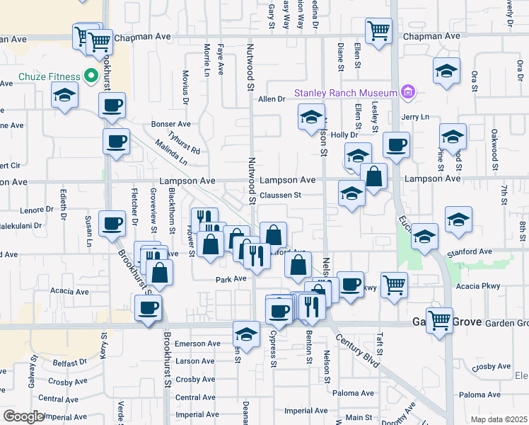 map of restaurants, bars, coffee shops, grocery stores, and more near 10520 Lakeside Drive North in Garden Grove