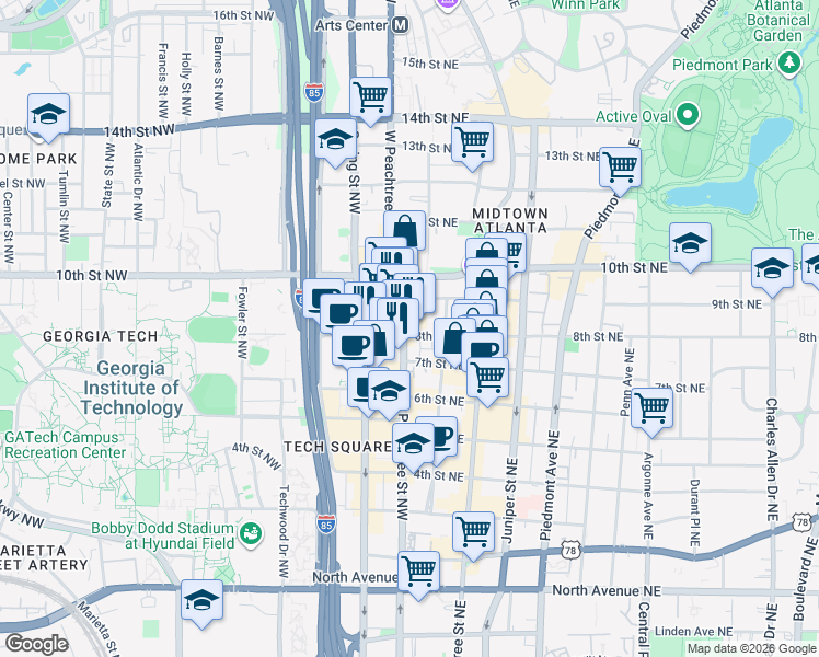 map of restaurants, bars, coffee shops, grocery stores, and more near 915 West Peachtree Street Northwest in Atlanta
