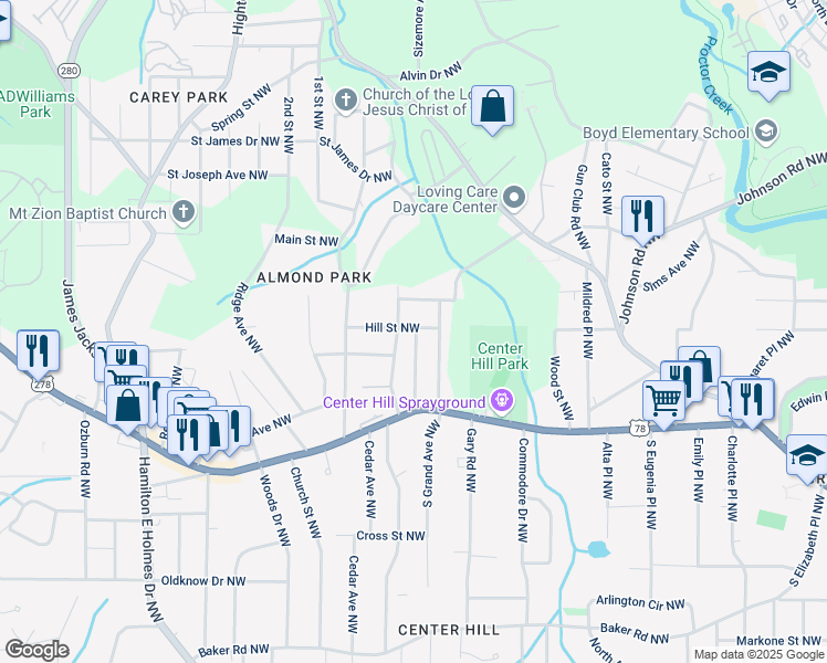 map of restaurants, bars, coffee shops, grocery stores, and more near 2294 Hill Street Northwest in Atlanta