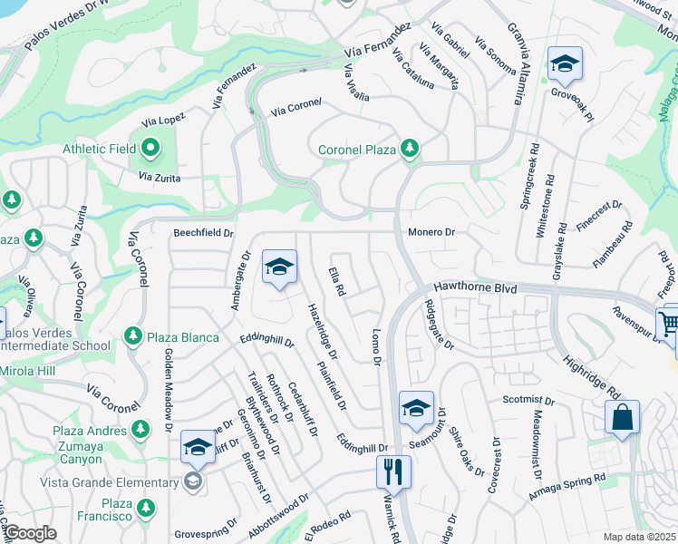 map of restaurants, bars, coffee shops, grocery stores, and more near 28050 Ella Road in Rancho Palos Verdes