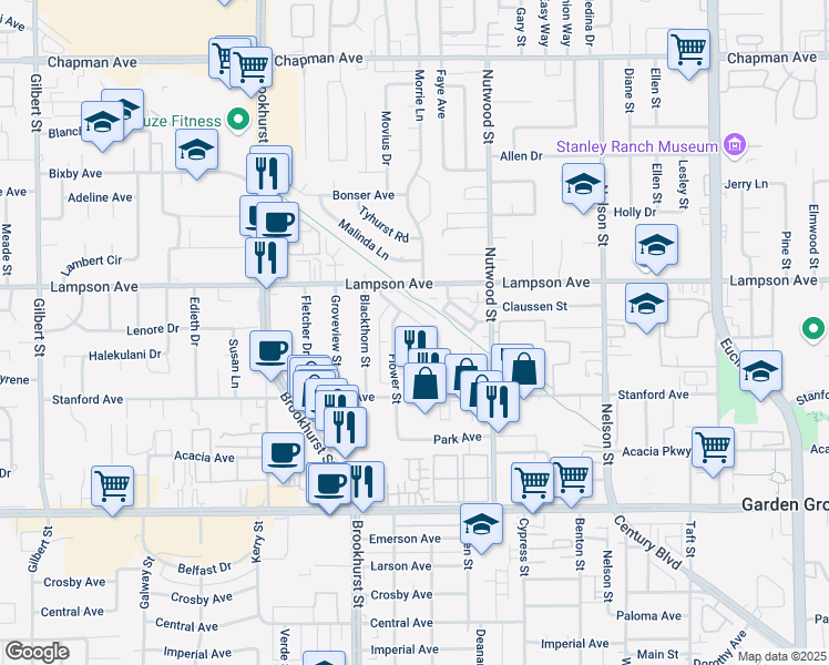 map of restaurants, bars, coffee shops, grocery stores, and more near 12581 Shelley Drive in Garden Grove
