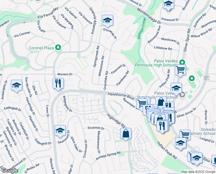 map of restaurants, bars, coffee shops, grocery stores, and more near 5968 Flambeau Road in Rancho Palos Verdes